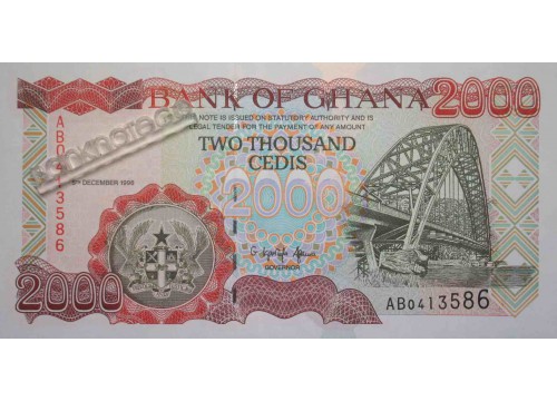 Банкнота Гана 2000 (две тысячи) седи 1996 год. Pick 33a. UNC