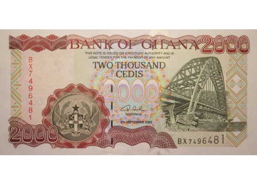 Банкнота Гана 2000 (две тысячи) седи 2002 год. Pick 33f1. UNC