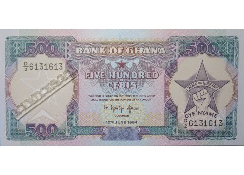 Банкнота Гана 500 (пятьсот) седи 1994 год. Pick 28c. UNC