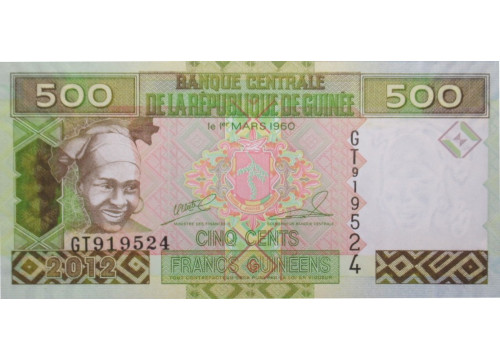 Банкнота Гвинея 500 (пятьсот) франков 2012 год. Pick 39b. UNC
