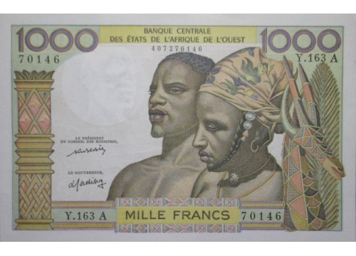 Банкнота Кот-д Ивуар 1000 (тысяча) франков 1959-65 год. Pick 103Al. UNC