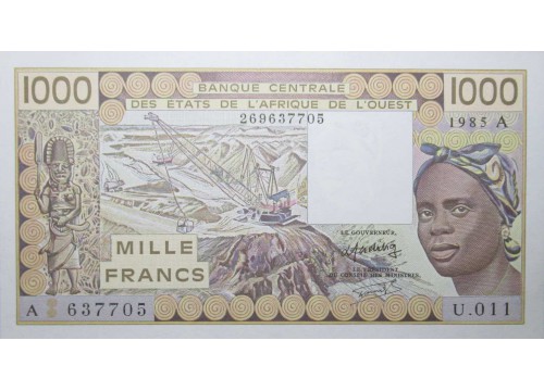 Банкнота Кот-д Ивуар 1000 (одна тысяча) франков 1985 год. Pick 107Af. UNC