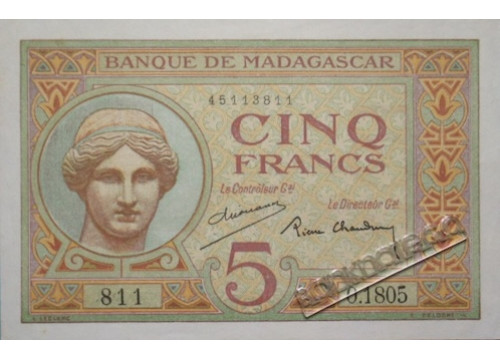 Банкнота Мадагаскар 5 (пять) франков 1937 год. Pick 32.2. VF