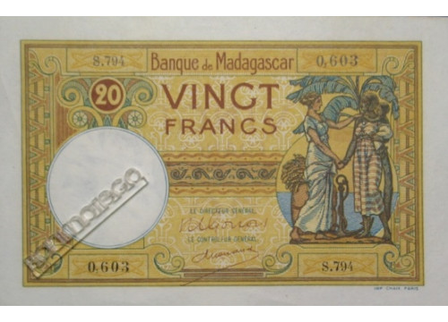 Банкнота Мадагаскар 20 (двадцать) франков 1937-47 год. Pick 37.3. AUNC