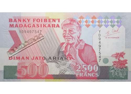 Банкнота Мадагаскар 2500 (две тысячи пятьсот) франков 1993 год. Pick 72Ab. UNC