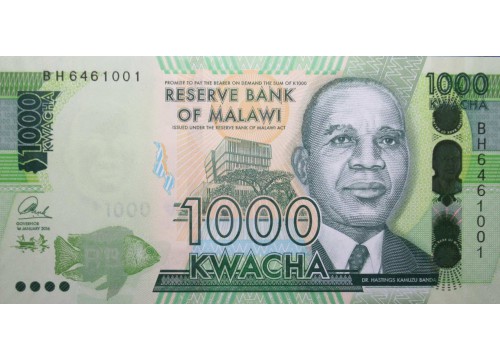 Банкнота Малави 1000 (одна тысяча) квача 2016 год. Pick 67b. UNC