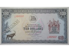 Банкнота Родезия 10 (десять) долларов 1975 год. Pick 33i. UNC