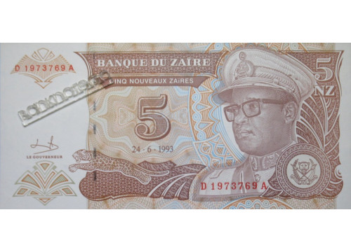 Банкнота Заир 5 (пять) заир 1993 год. Pick 53a. UNC