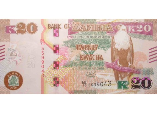 Банкнота Замбия 20 (двадцать) квача 2018 год. Pick 59. UNC