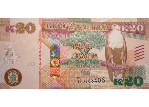 Банкнота Замбия 20 (двадцать) квача 2015 год. Pick 59. UNC