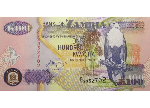 Банкнота Замбия 100 (сто) квача 1992 год. Pick 38b. UNC