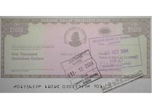Банкнота Зимбабве 1000 (одна тысяча) долларов 2003 год. Pick 15. UNC