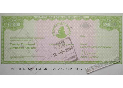 Банкнота Зимбабве 20000 (двадцать тысяч) долларов 2003 год. Pick 18. UNC