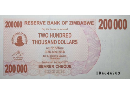 Банкнота Зимбабве 200000 (двести тысяч) долларов 2007 год. Pick 49. UNC