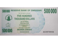 Банкнота Зимбабве 500000 (пятьсот тысяч) долларов 2007 год. Pick 51. UNC