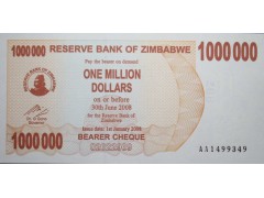 Банкнота Зимбабве 1000000 (один миллион) долларов 2008 год. Pick 53. UNC