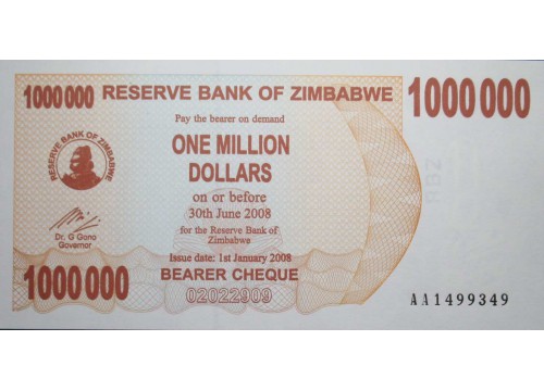 Банкнота Зимбабве 1000000 (один миллион) долларов 2008 год. Pick 53. UNC