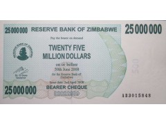 Банкнота Зимбабве 25000000 (двадцать пять миллионов) долларов 2008 год. Pick 56. UNC