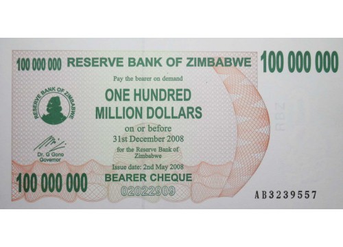 Банкнота Зимбабве 100000000 (сто миллионов) долларов 2008 год. Pick 58. UNC