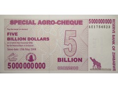 Банкнота Зимбабве 5000000000 (пять биллионов) долларов 2008 год. Pick 61. UNC