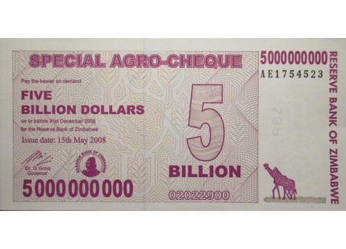 Банкнота Зимбабве 5000000000 (пять биллионов) долларов 2008 год. Pick 61. UNC