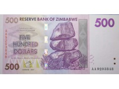 Банкнота Зимбабве 500 (пятьсот) долларов 2007 год. Pick 70. UNC