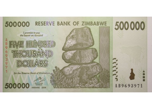 Банкнота Зимбабве 500000 (пятьсот тысяч) долларов 2008 год. Pick 76a. UNC
