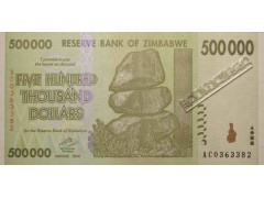 Банкнота Зимбабве 500000 (пятьсот тысяч) долларов 2008 год. Pick 76b. UNC