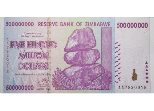 Банкнота Зимбабве 500000000 (пятьсот миллионов) долларов 2008 год. Pick 82. UNC