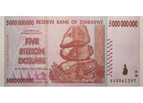Банкнота Зимбабве 5000000000 (пять биллионов) долларов 2008 год. Pick 84. UNC