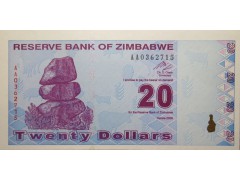 Банкнота Зимбабве 20 (двадцать) долларов 2009 год. Pick 95. UNC