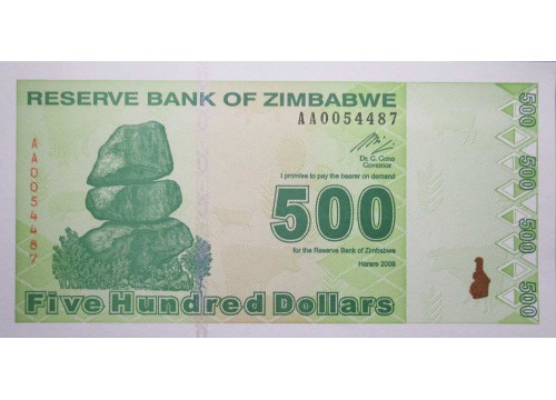 Банкнота Зимбабве 500 (пятьсот) долларов 2009 год. Pick 98. UNC