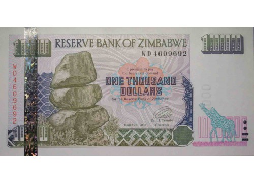 Банкнота Зимбабве 1000 (одна тысяча) долларов 2003 год. Pick 12a. UNC