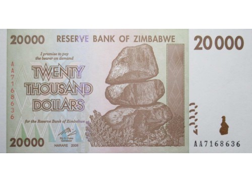Банкнота Зимбабве 20000 (двадцать тысяч) долларов 2008 год. Pick 73a. UNC