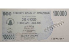 Банкнота Зимбабве 100000 (сто тысяч) долларов 2007 год. Pick 48a. UNC