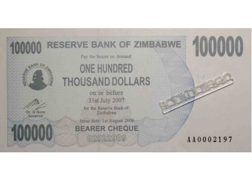 Банкнота Зимбабве 100000 (сто тысяч) долларов 2007 год. Pick 48a. UNC