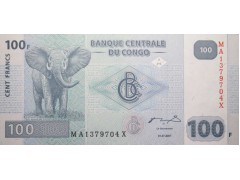 Банкнота ДР Конго 100 (сто) франков 2007 год. Pick 98a. UNC