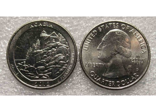 Монета США 25 (двадцать пять) центов Национальный парк Акадия 2012 год. UNC